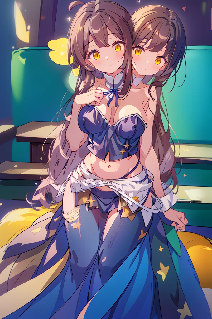 (masterpiece, best quality), best quality, (ultra-detailed), (3heads:1.5), 1girl, (star sapphire:1.3), masterpiece, best quality, ultra quality, ultra resolution, ultra detail, white top, crop top, ((stomach)), midriff, ((groin)), open midriff, white and blue skirt, miniskirt, normal ears, shackles, dark brown hair, very long hair, wavy hair, sidelocks, yellow eyes, detailed eyes, parted lips, fairy wings, sweat, cute, open belly, toned belly, hand on own chest, eyelashes, (24 year old woman:1.3), (masterpiece:1.5), (best quality:1.5), (beautiful detailed), extremely detailed CG, extremely delicate and beautiful, depth of field, (finely detailed face), (perfect details:1.2), (mature female:1.3), wide pelvis, slender, large veiny breast, 16k resolution, highres, high quality, high definition, extremely detailed, masterpiece, dark brown hair, long hair, alluring presence, braid, short skirt, miniskirt, close up, big tits, young, blue ribbon attached to the hair, butterfly-shaped wings, open belly, midriff, nsfw, bare stomach,