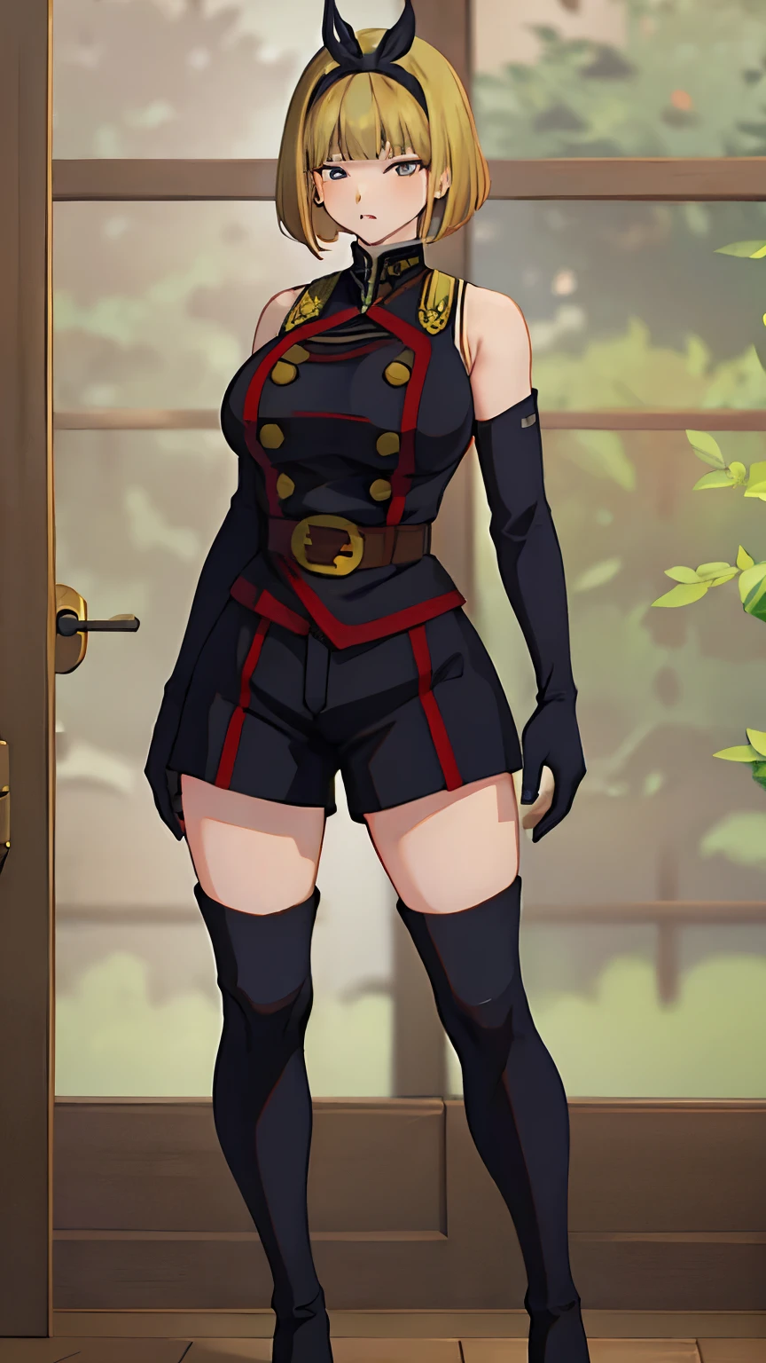 (masterpiece, highest quality, Intricate details,4K, 8k, 32k, Ultra HD、so beautiful)、alone、, Show Viewer,mashuu,mashuustyle,Detailed Background、A person who writes in detail、Accurate human body、Knowledgeable person、The correct five、Mature Woman,Big Breasts, Thick thighs,cruvy body,giant woman,ShushuSuruga, bob cut, black hairband, military uniform, bare shoulders, elbow gloves, belt, black shorts, knee boots,((Blonde Hair)),in town,((whole body)),((pigeon toed))