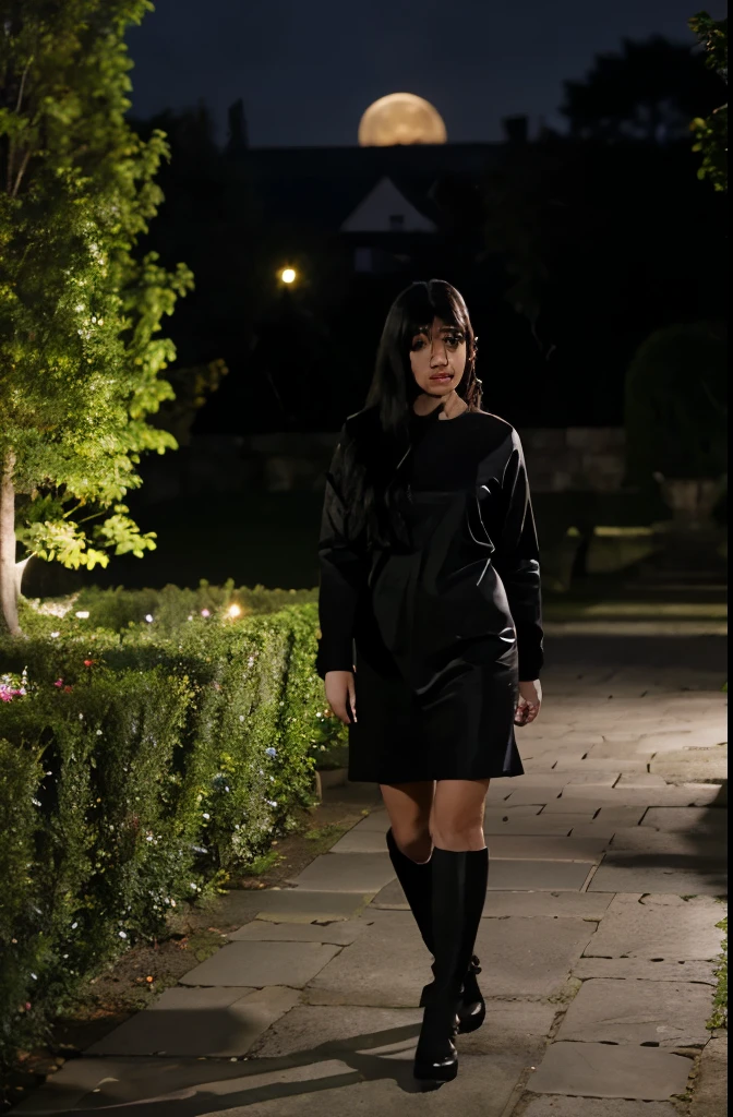 A black-haired girl walking through the castle garden on a full moon night fucked