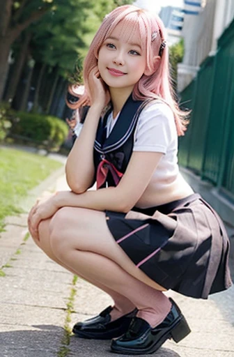 (nude :1.50), (Pink Hair :1.3),(Realistic, photo Realistic:1.2), ((highest quality)), moving her center of gravity back, Quite embarrassing, White panties, (Showing panties:1.4),Tight Skirt, (Under the skirt:1.3), (Lift up your skirt:1.3), (squat:1.4), Put your heels on the ground, Spread your legs a little, 膝を上げてsquat, Put your butt on the ground, black penny loafers, Beautiful face details, Real human skin, Gentle expression, Front view, angle From below, Realistic, photoRealistic, cute, Short skirt, squat deep on school grounds, cute school girl, Japanese school girl uniform, Sailor suit, whole body,Smile, Natural smile, Charming smile, Captivating smile, (View Viewer:1.2), from the front, From below,