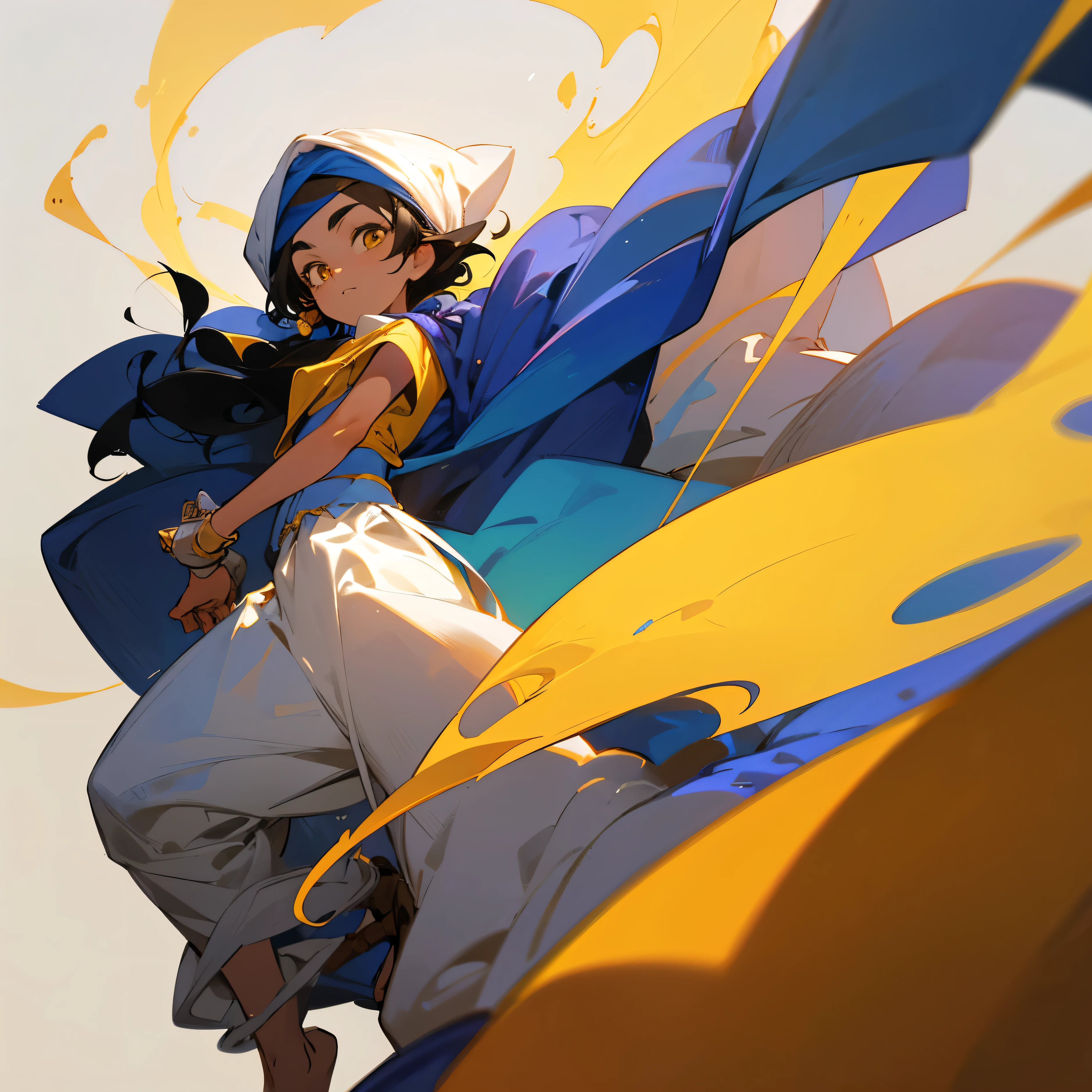 Aladdin、cool、boy, Yellow Eyes, 10 years old Black hair,White skin,Arabian white turban,Dynamic Angle,highest quality, highest quality, High-quality illustrations, masterpiece, Ultra-high resolution, Detailed Background, Detailed Background, Observe the audience