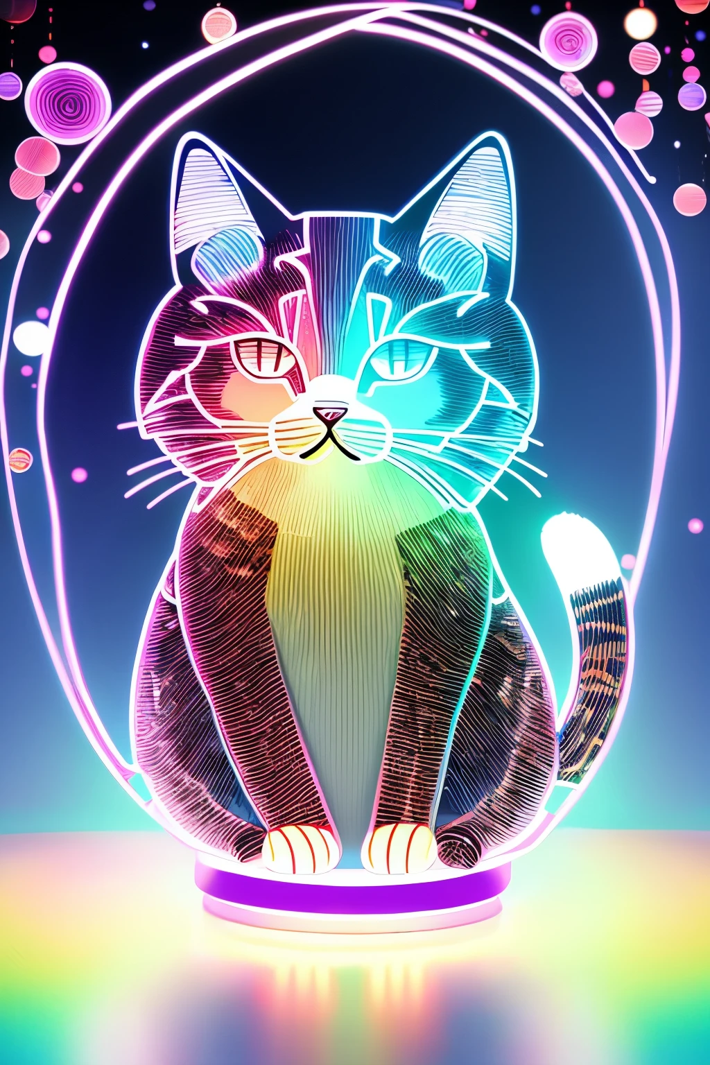 best quality, super fine, 16k, delicate and dynamic, cute round super deformed cat figurine, transparent translucent anatomy, iridescent neon colors wiring diagram and LED, X-ray made of transparent crystal, picture frame and background stained glass kaleidoscope made of jewels of various colors, analyzer room lab, various image effects, artwork