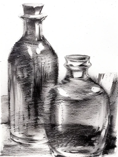 there are two vases that are sitting next to each other, bottles, charcoal on paper, shading study, monochrome drawing, charcoal sketch, black ink on textured paper, black and white charcoal sketch, charcoal smudges, lithography, charcoal painting, charcoal art, grainy monochrome photo, grainy picture, grainy photograph, rough charcoal sketch, charcoal drawing