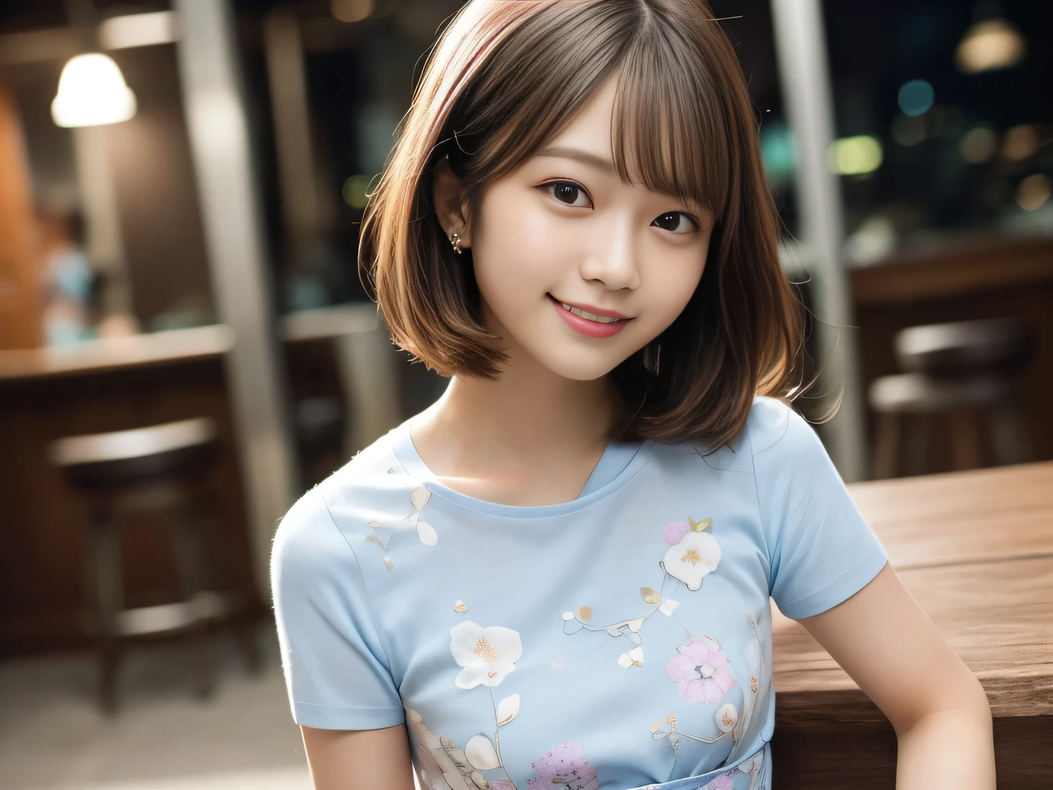 Ultra HD,((8K)),(1 Female:1.2 Beautiful and natural、High quality texture, Intricate details, Fine texture, High Detail, Highly detailed CG, High Quality Shadows, Realistic facial expressions, Beautiful and delicate face down to the last detail, Beautiful and delicate eyes, Brown pupil, A perfectly balanced face, Depth of written boundary, Cinematic Light, Lens flare, Ray Tracing,perspective, (Big eyes:1.2),Blushing cheeks, Perfect body,(Dutch Angle,Excellent anatomy,, elegant, ((Bright colors,)) 、Waist、Small Mouth、((Light blue clothes))、((bar))、((furubody))、(())、(very short hair/extra short),(night)、night scene、(Ultra short hair)、((Berry Short))、(Straight bangs)、((one person))、(Large Breastini dress short sleeve))、(smile)、((Shiny clothes))、((Floral clothes))、((one person))、((Single))、