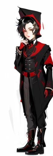 a drawing of a woman in a black and red outfit, full body black and red longcoat, black and red scheme, red and black costume!!!, dapper dream demon, black and red suit, inspired by Yamagata Hiro, black and red armor, !!full body portrait!!, gapmoe yandere grimdark, ((wearing aristocrat robe))