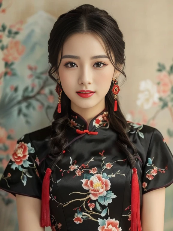 Close-up of woman wearing black dress and red earrings, Chinese style, Chinese dress, traditional chinese, Chinese girl, Cheongsam, Chinese woman, traditional chinese clothing, Chinese dress, with ancient Chinese clothes, traditional beauty, wearing a red Cheongsam, Chinese princess, beautiful oriental woman, Gorgeous Chinese model, สวมChinese dressโบราณ, Hanfu