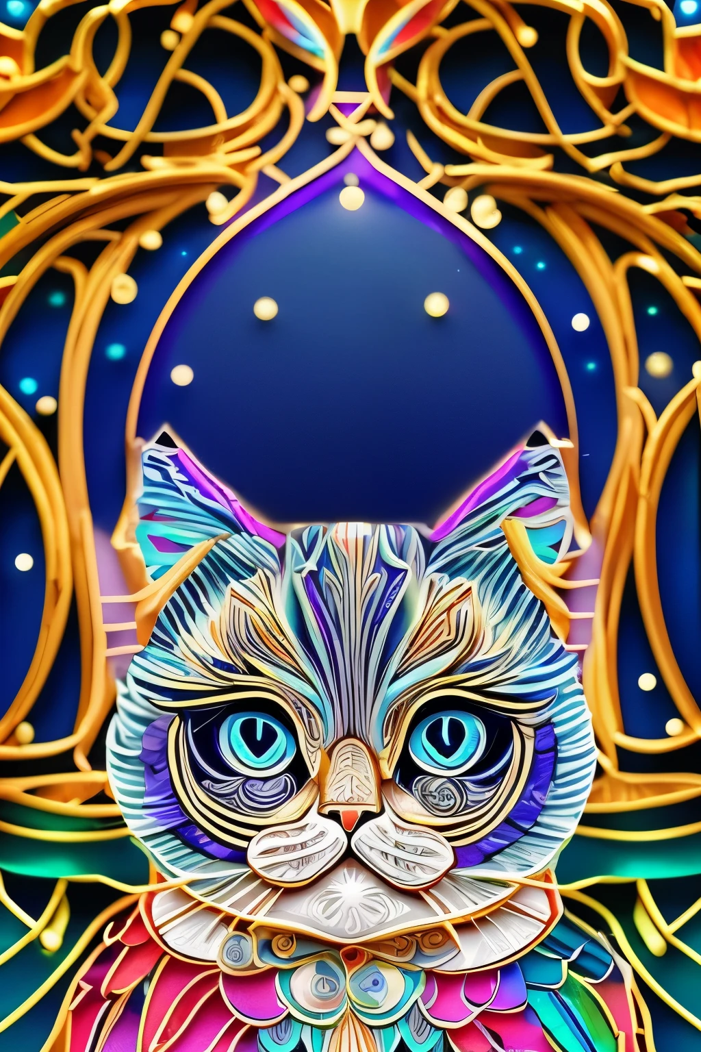 best quality, super fine, 16k, delicate and dynamic, super deformed, cute plump cat, cute pose, transparent translucent anatomy, iridescent neon colors wiring diagram and LED, X-ray made of transparent crystal, picture frame and background stained glass kaleidoscope made of jewels of various colors, analyzer room lab, various image effects, artwork
