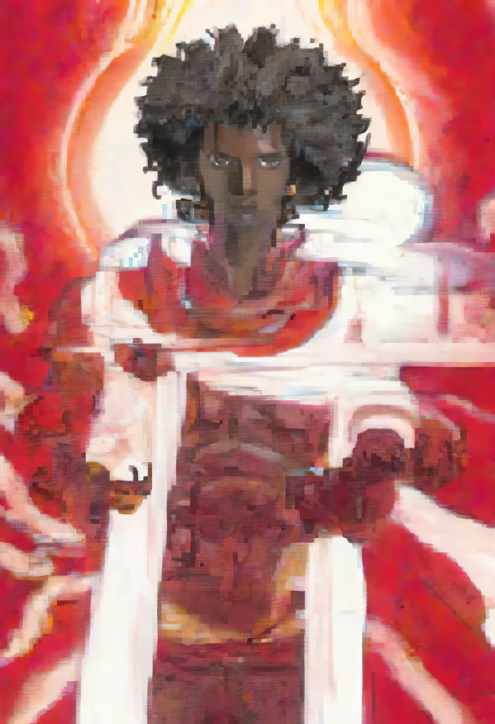 a black man with a red and white background and a red sun beautiful male god of space, afro futurism, afro samurai animes style, 