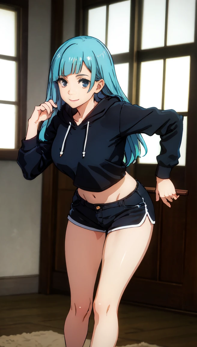 photorealistic, (4k), depth of field, (Masterpiece), (realistic skin texture), extremely detailed, intricate, hyper detailed, professional photography, bokeh, high resolution, sharp detail, best quality, girl, long hair, aqua hair, blunt bangs, blue eyes, dynamic pose, black baggy graphic hoodie, dolfine shorts, booty shorts, beautiful thighs, indoors, (facing viewer), looking at viewers, large breasts,kasumi, miwa, kasumi miwa,, mouth slightly open, smiling, hourglass shape, black hoodie, 3\4 body shot, hands in between thighs, long sleeve, leaning forward,, thick heavy hoodie, standing in bedroom, (head on shot)