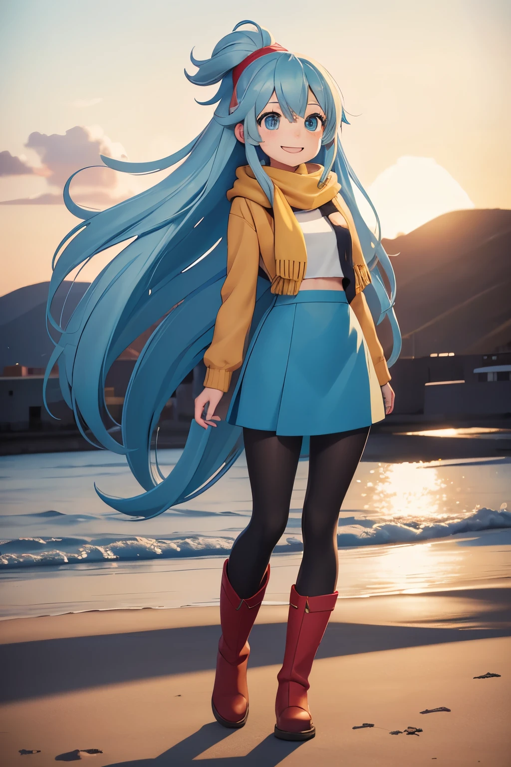 girl with a long hair, light blue hair, yellow scarf, red sweater, blue skirt, black leggings, red boots, Hilda, cute, anime cartoon, in the beach, smiling,