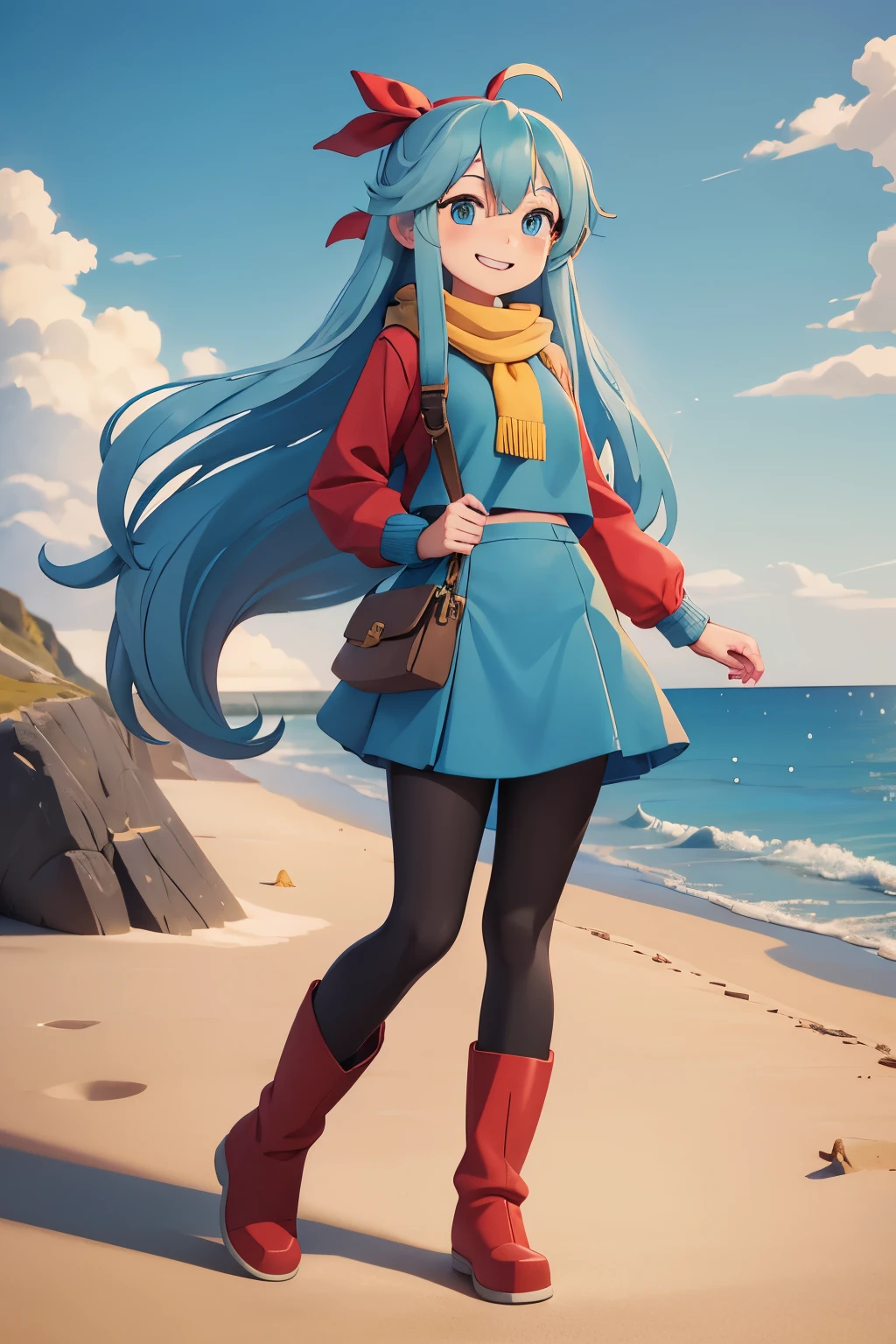 girl with a long hair, light blue hair, yellow scarf, red sweater, blue skirt, black leggings, red boots, Hilda, cute, anime cartoon, in the beach, smiling,