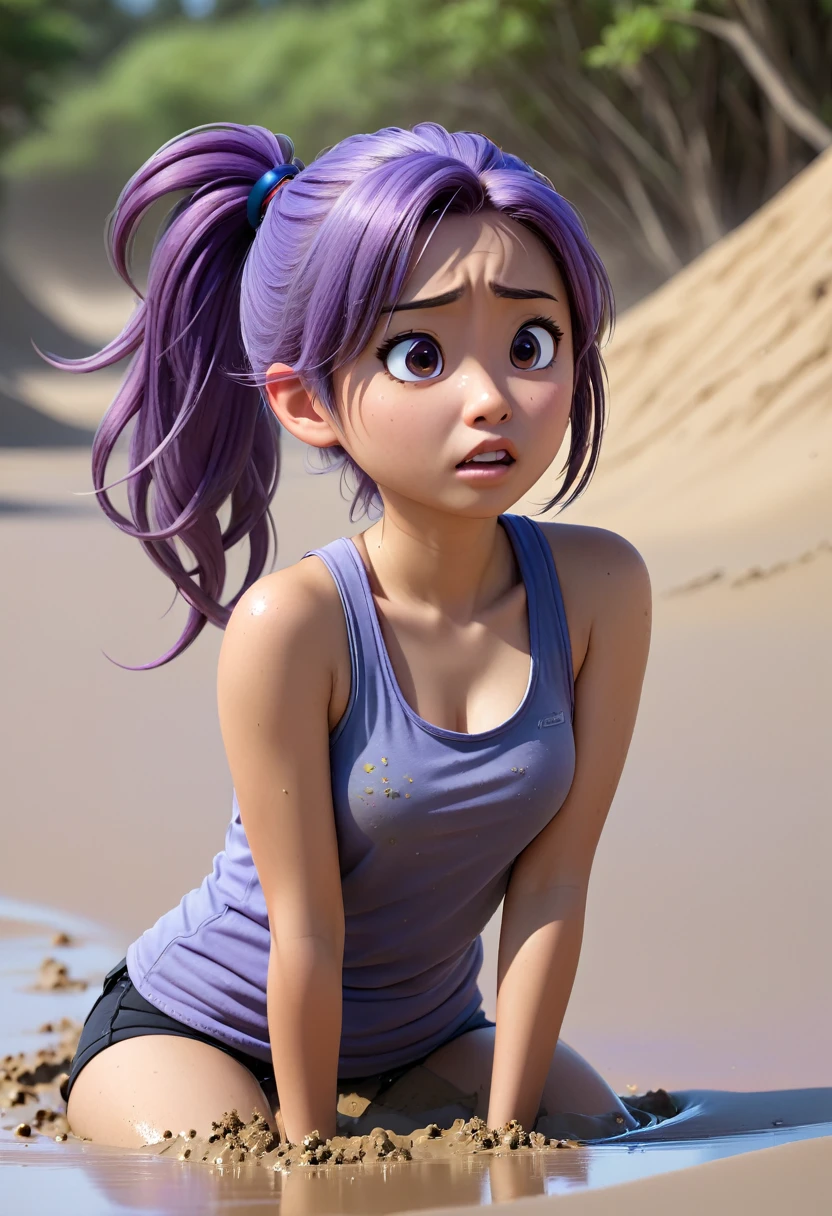  Japanese girl, purple hair in a ponytail, blue collar, gray tank top, stuck in quicksand up to her chest, trying to move to free herself, suffocating, 3d Pixar, (best quality, 4k, 8k, HD resolution, Masterpiece: 1.2), highly detailed, (realistic, photorealistic, photorealistic: 1.37), quicksand, vivid colors, studio lighting