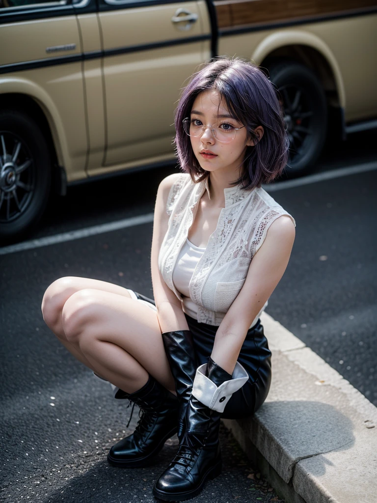 (1 lady), (Best quality at best:1.4), (ultra - detailed), (extremely detailed CG unified 16k), A Beautiful Woman with Perfect Figure: 1.4, Sharp Focus: 1.2, purple hair, very detailed, High-definition RAW color photo, professional photoshooting, amazing face and eyes, cosmetics, standing, (amazingly beautiful girl), ((kotomi)), ((exact clothes: black dress, white vest over dress, Black Lace Bridal Gloves, glasses, wearing black combat boots)), (looking cute, immerse in her own thoughts expression), (City park, extremely detailed background, realistic background, first date vibes), (look from above), realistic cinematic face, head to feet long wide zoomed out view, full body long view, head to shoes, photorealistic, ((realistic natural purple hair style, purple eyes)), gorgeous, extremely beautiful face, pretty face, delicate girl, (attractive body, fit woman, big girl, athletic body, strong female), perfect model beauty, pout mouth, Highly Detailed Face and Skin Texture, Detailed Eyes, Double Eyelids, Medium size breasts, shy but motivated expression, (masterpiece), best quality, high resolution, extremely detailed, cinematic lighting, amazing legs, clear and well-cared skin, (milky pale skin, white skin like milk), official dior editorial, trending on pinterest, dreamy, aesthetic, ((style raw))