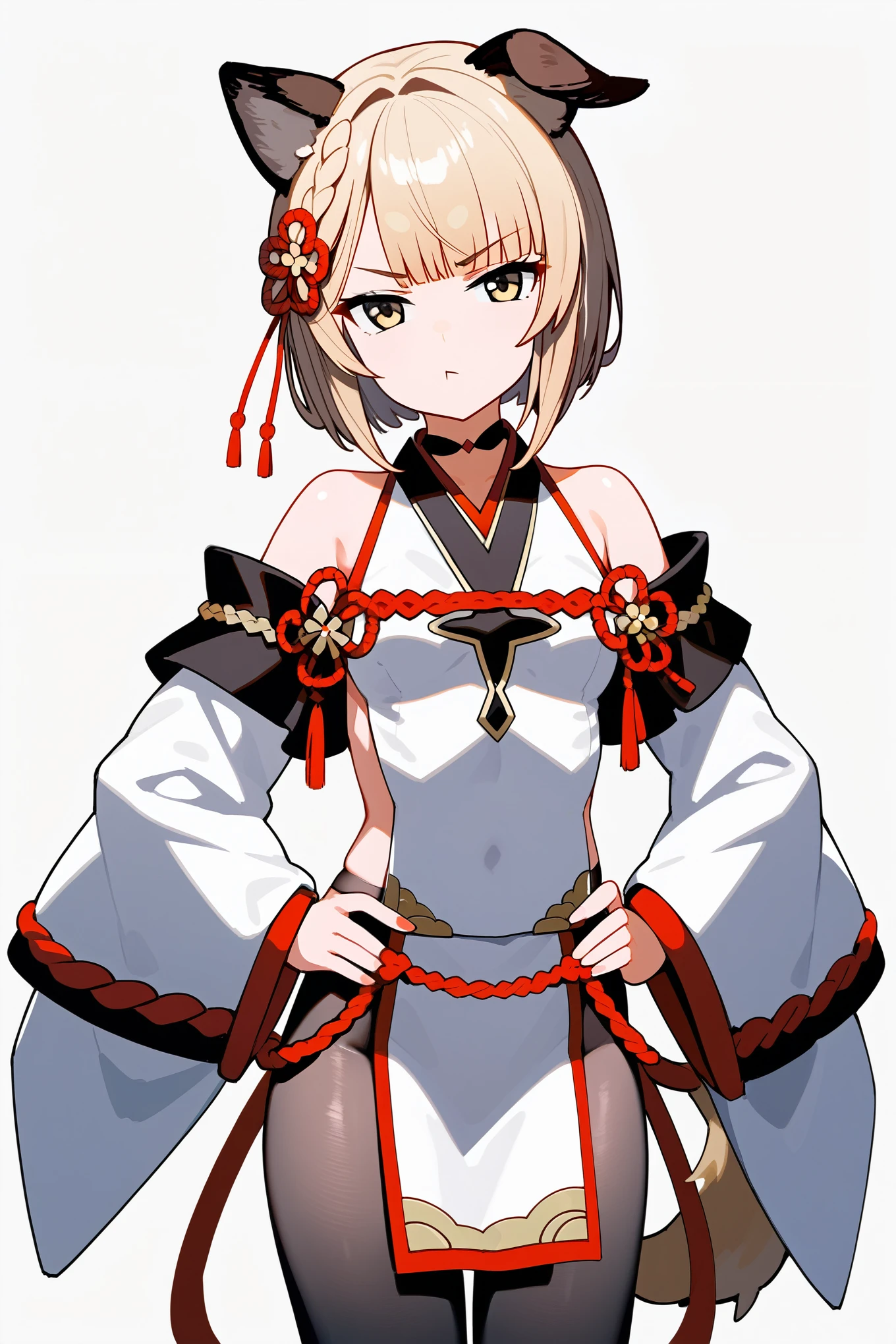 masterpiece, best quality, t-ponyai3 style, (rating_9, rating_8_up, rating_7_up), 1girl, solo, vajradef, woman, small breasts, dog tail, dog ears, black pantyhose, hair ornament, japanese clothes, bare shoulders, detached sleeves, wide sleeves, white pelvic curtain, small breasts, standing, hands on hips, serious, neutral, looking at viewer, upper body, cowboy shot, white background, simple background,