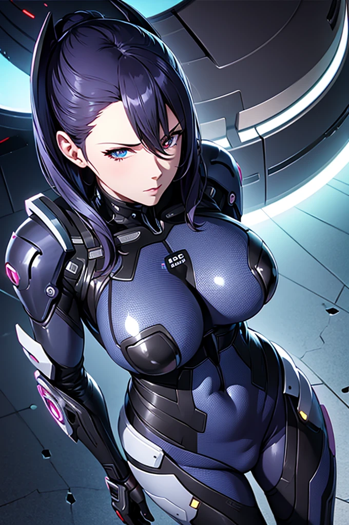 Milf, woman in a futuristic suit, highly detailed face, cool, mom, tomboy, very large breast, (Milf), mature face, (mature female), cybersuit, anime girl wearing tight suit, milfication, Elegant body, navel focus, naked body, gloves, earrings, science fiction, female protagonist, standing, volumetric light, detailed lighting, detailed textures, oppai cyberpunk, biomechanical oppai, masterpiece, best quality eyes, sci-fi background, futuristic landscape, low angle, smooth surface