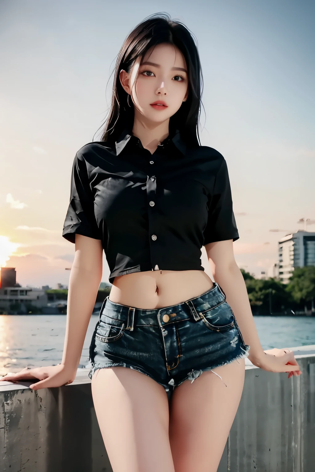 8K,RAW photos,best quality,masterpiece,realistic,
1 woman,alone,wide hips,small waist,sexy jeans,~am,~am foucs,black hair,very long hair,denim shorts,thighs,(black shirt:1.4),denim shorts,water,sunset,
