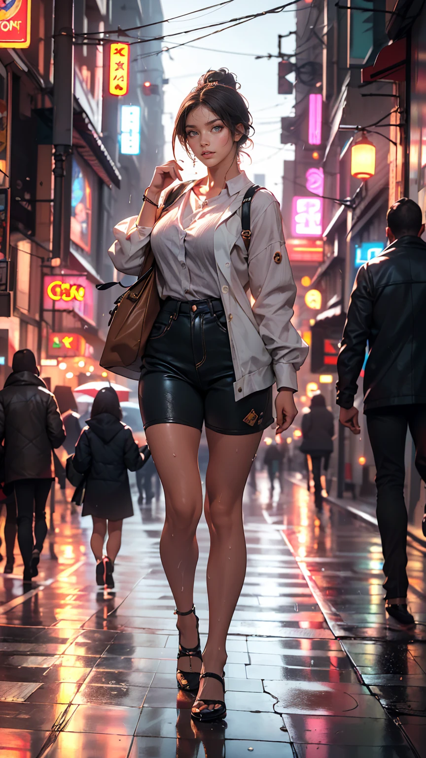 (8k, RAW Photos, highest quality, masterpiece:1.2), (Realistic, photo-Realistic:1.37), Omertoza, One girl, (K-Pop Idols), (Charming monkey:1), cute, Cityscape, rain, Wet, Professional Lighting, Photon Mapping, Radio City, Physically Based Rendering,,  
