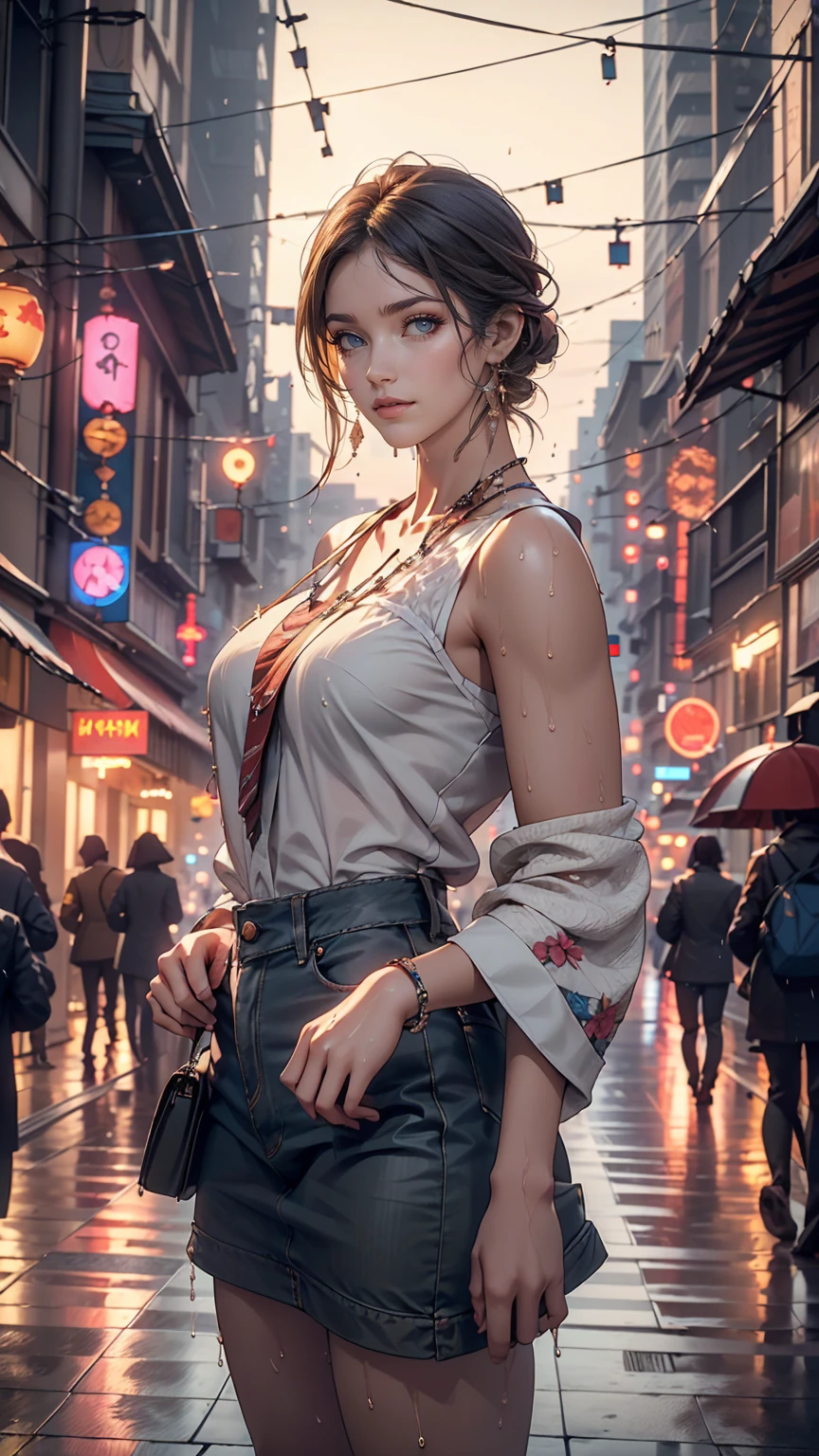 (8k, RAW Photos, highest quality, masterpiece:1.2), (Realistic, photo-Realistic:1.37), Omertoza, One girl, (K-Pop Idols), (Charming monkey:1), cute, Cityscape, rain, Wet, Professional Lighting, Photon Mapping, Radio City, Physically Based Rendering,,  