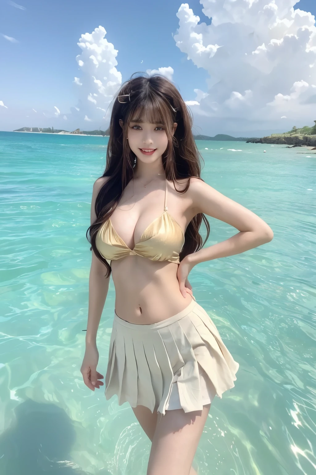 Beautiful woman with perfect body:1.4,Layered Hairstyle,Prominent cleavage,Highly detailed face and skin textures,Double eyelids,Skin Whitening,Long hair,Whitened long legs,(Golden bikini,Pleated Skirt)Standing by the sea