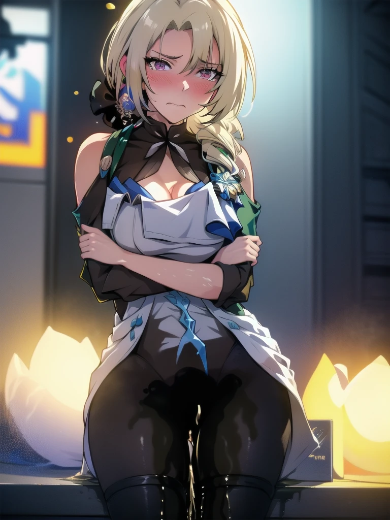 (highest quality:1.37), (masterpiece:1.37), HDR, physically-based rendering, bokeh, (cinematic lighting:1.37), CocoliaV5, standing. The artwork is inspired by manga and incorporates a doujin style. The woman appears to be (wetting herself:1.75), which causes her to feel embarrassed and humiliated, resulting in a blush on her face. In addition, there is an air of anger in her expression. The lighting in the scene is moody, with a spotlight highlighting the woman's figure, her arms are crossed (arms crossed:1.5), (crossing arms:1.5), pee stain, peeing stain on her (yoga pants)., large breasts, skinny