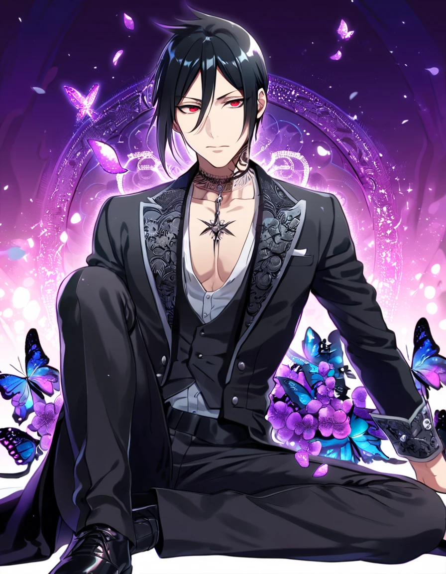 Ultra detailed, Highres, absurdres, HDR, Sebastian Michaelis, black hair, expressive red eyes, black coat with patterns, Kuroshitsuji, purple flowers, petals, handsome, sexy man, solo, very detailed eyes and face, glittering purple butterflies, master piece, toned chest, glittering, fantasy, cross, tattoo on his neck, purple background, best quality, Black Butler, black pants, sitting