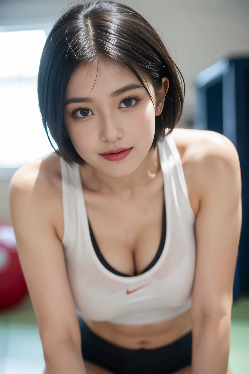 (Highest image quality:1.35), high quality, Realistic photos, (一位Beautiful woman:1.33), Beautiful expression, (Exquisite eyes:1.3), (beautiful eyes:1.3), (delicate face:1.3), Smile, (Shiny hair:1.2), (Black Hair:1.3), (Muscular body:1.2), Super detailed, high resolution, Sporty, (:1.25), (short hair:1.2), (Beautiful woman), (cute navel:1.2),  (Depth of field/1.2:1.45), Clear focus, original photo, (Sprinter'white bloomers:1.45), (適合短跑選手的White movement文胸:1.4), (White movement燈籠褲:1.4), (White movement:1.4), (Open your arms:1.4), (Thick thighs:1.6), (Beautiful thighs:1.65),(Turn your face forward:1.25), (Cowboy shooting:1.5), (Track and field at night:1.4), (Gloomy sky:1.5),