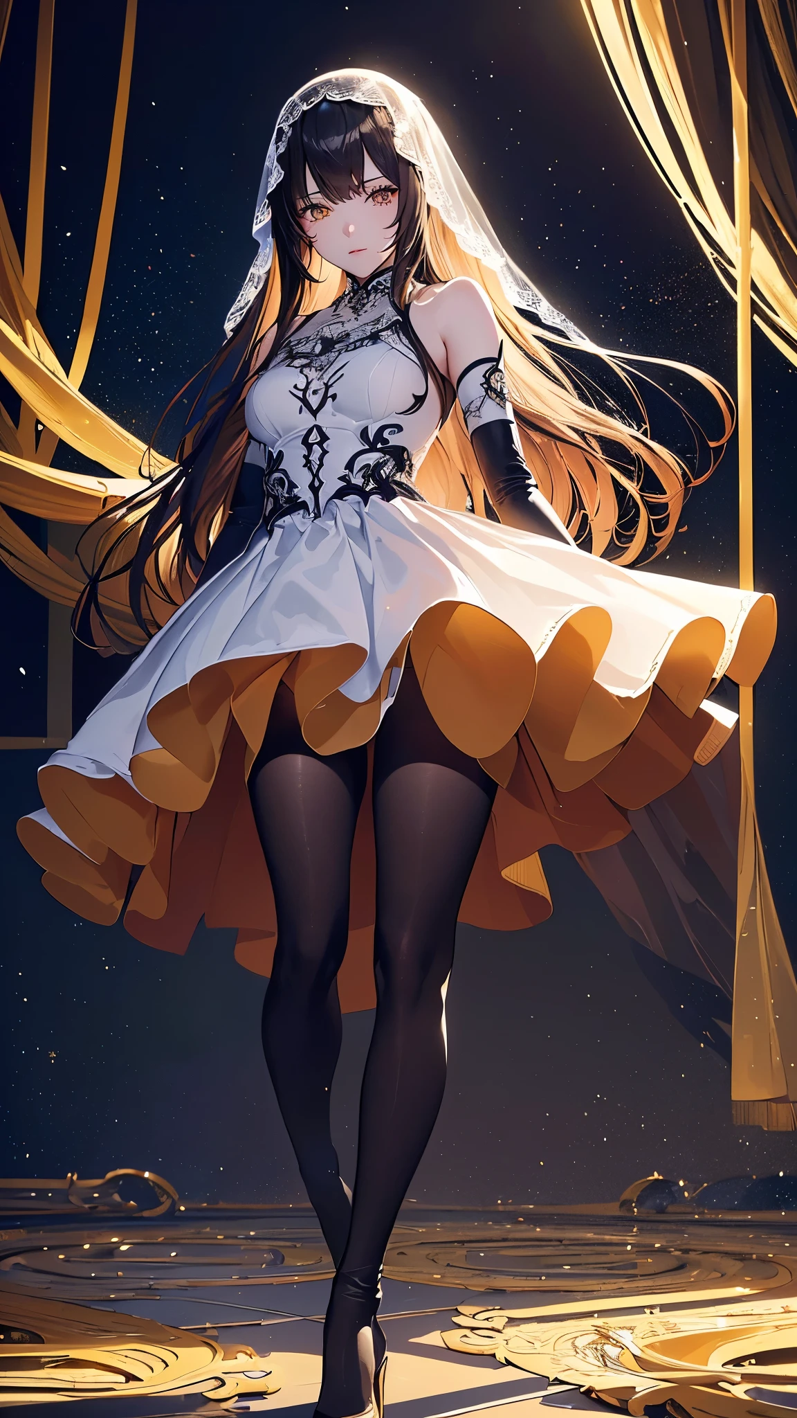 ((8K resolution))、((highest quality))、((masterpiece))、((Very detailed))((((dramatic))), (Anatomically correct)、The depth of the object to write、front、one person、(veil, yellow eyes, long hair, elbow gloves, bare shoulders, dress, hose, thigh boots, high heels)、White background