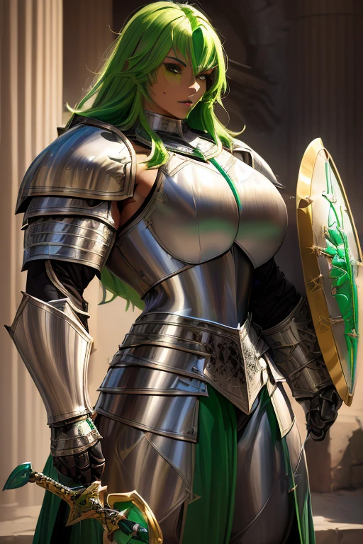 ((((Massive, tall, beautiful, buff, muscular light brown skinned female knight with green hair, black lipstick, ginormous bulky muscles, holding a sword and shield and wearing an all green gleaming knight armor with hauberk and pants)))), {close view}, black eyeliner, massive muscles, massive biceps, hyper muscle triceps, (long curvy hair), orange eyes, knight boots, In a castle, hauberk, green steel knight armor, armor breastplate, nighttime, confident smile, hyper muscles arms, hyper muscle legs, ginormous arms