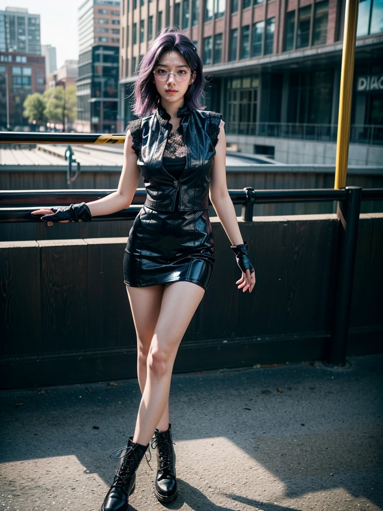 (1 lady), (Best quality at best:1.4), (ultra - detailed), (extremely detailed CG unified 16k), A Beautiful Woman with Perfect Figure: 1.4, Sharp Focus: 1.2, purple hair, very detailed, High-definition RAW color photo, professional photoshooting, amazing face and eyes, cosmetics, standing, (amazingly beautiful girl), ((kotomi)), ((exact clothes: black dress, blue vest, Black Lace Bridal Gloves, glasses, wearing black combat boots)), (looking cute, immerse in her own thoughts expression), (City park, extremely detailed background, realistic background, first date vibes), (look from above), realistic cinematic face, head to feet long wide zoomed out view, full body long view, head to shoes, photorealistic, ((realistic natural purple hair style, purple eyes)), gorgeous, extremely beautiful face, pretty face, delicate girl, (attractive body, fit woman, big girl, athletic body, strong female), perfect model beauty, pout mouth, Highly Detailed Face and Skin Texture, Detailed Eyes, Double Eyelids, Medium size breasts, shy but motivated expression, (masterpiece), best quality, high resolution, extremely detailed, cinematic lighting, amazing legs, clear and well-cared skin, (milky pale skin, white skin like milk), official dior editorial, trending on pinterest, dreamy, aesthetic, ((style raw))