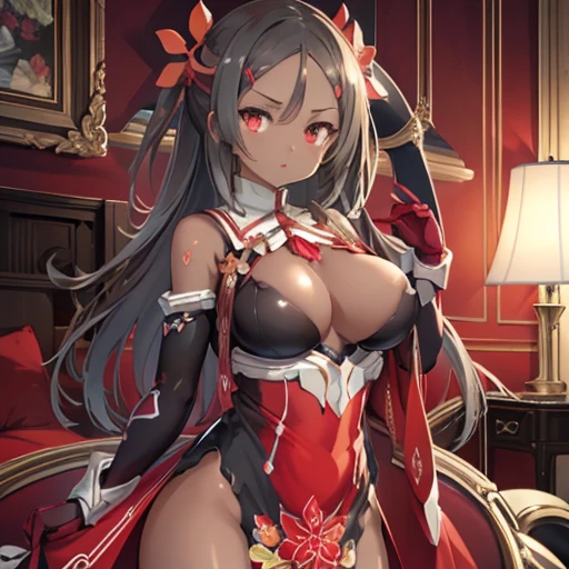 masterpiece, high quality, 4K, Beautiful design, Shiny, Award-winning photo, Very detailed, wonderful, The finer details, Absurd, Very detailed woman, Very detailed , Black Dress、Red eye contact lenses、Breast size D、I can see the chest、(One Girl) ,(((Dark skin)))、 Dynamic Angle , Official Art , Are standing , Bottom View