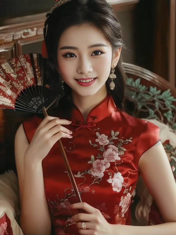 Asian woman in a red dress holding a fan, wearing a red Cheongsam, Cheongsam, Chinese style, Chinese dress, with ancient Chinese clothes, traditional chinese, traditional chinese clothing, Chinese girl, Chinese woman, สวมChinese dressโบราณ, Gorgeous Chinese model, traditional beauty, Chinese dress, with ancient Chinese aesthetics, Chinese princess, cute woman