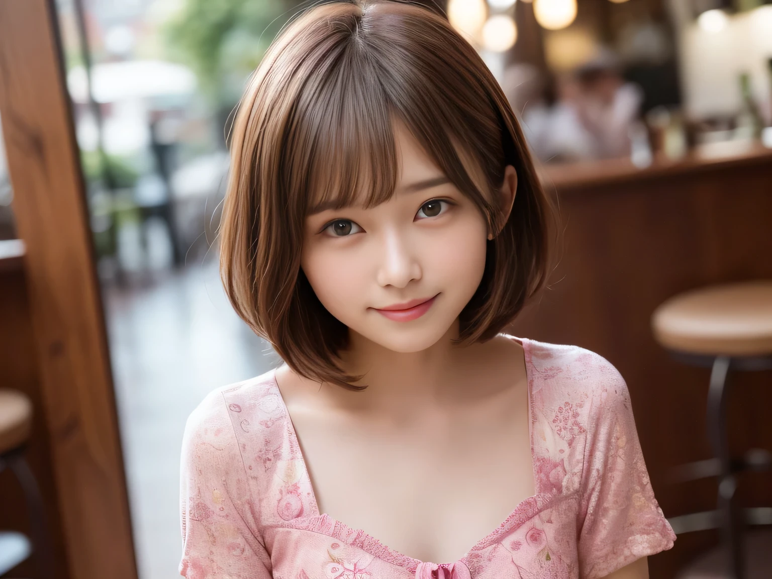 Ultra HD,((8K)),(1 Female:1.2 Beautiful and natural、High quality texture, Intricate details, Fine texture, High Detail, Highly detailed CG, High Quality Shadows, Realistic facial expressions, Beautiful and delicate face down to the last detail, Beautiful and delicate eyes, Brown pupil, A perfectly balanced face, Depth of written boundary, Cinematic Light, Lens flare, Ray Tracing,perspective, (Big eyes:1.2),Blushing cheeks, Perfect body,(Dutch Angle,Excellent anatomy,, elegant, ((Bright colors,)) 、Waist、Small Mouth、((Light red clothes))、((bar))、((furubodｙ))、((15 years old))、(very short hair/extra short),(night)、night scene、(Ultra short hair)、((Berry Short))、(Straight bangs)、((one person))、(Large Breastini dress short sleeve))、(smile)、((Shiny clothes))、((Floral clothes))、((one person))、((Single))、