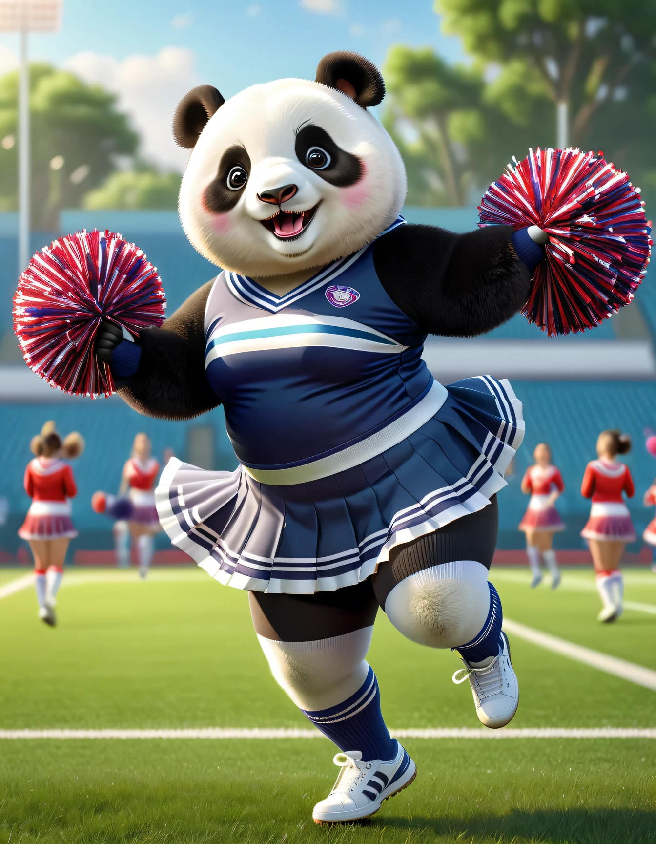 photorealistic portrait of Dressed animals - a ((fat)) cute panda cheerleader ,(action pose:1.5),(jumping:1.2),(happy smile),(furry), high quality,(lovely) ,intricate detailed decorations, highly detailed (cheerleader wear), skirt knee-high socks and sneakers, holding pom-poms, grass sports field background , (happy), perfect lighting,(full body image:2.0)
