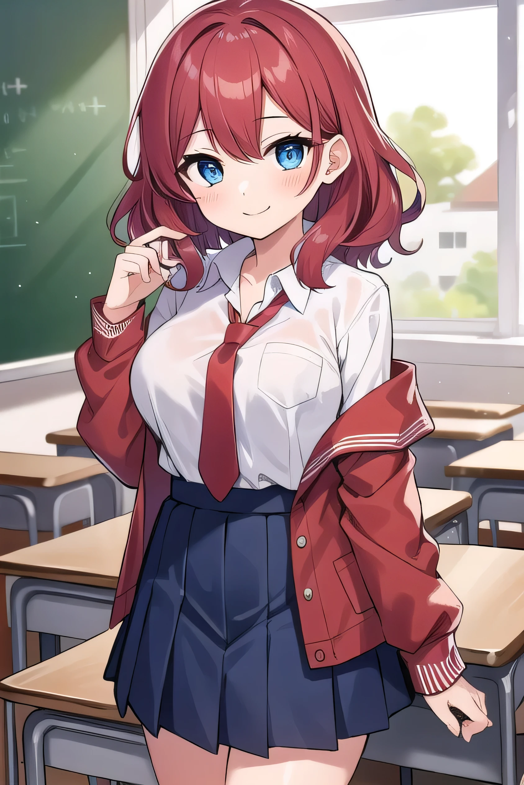 Big breasts, red hair, blue eyes, droopy eyes, red jacket, long sleeves, navy skirt, elementary school student, super big breasts, (medium hair: 1.2), baggy clothes, elementary school student, young face, short height, , old, shy A shy guy, smiling a little, in the classroom, trying to open the buttons of his shirt, white shirt, red tie,straight hair
