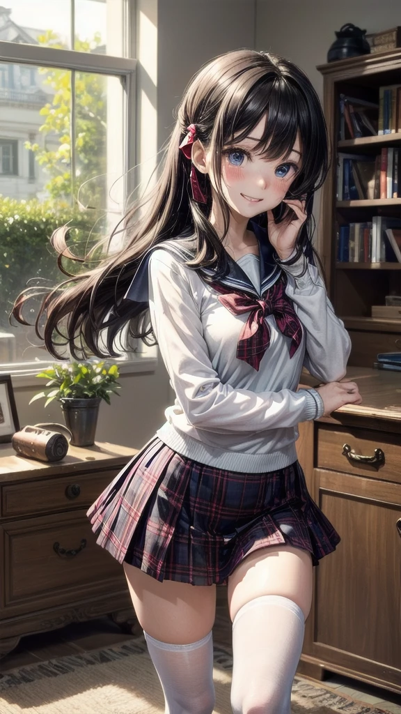 very cute and beautiful girl,(highly detailed beautiful face and eyes:1.2),(smile),(mid shot),
,long sleeve BREAK detailed legs,zettai ryouiki,
standing,stylish pose,
dynamic angle,hair ribbon,black hair,hime cut,(scarlet plaid mini skirt)
BREAK living room,flowers in vase,wooden desk,(bookshelf:0.9),jewelry box,european carpet,distant trees,
(best quality,masterpiece:1.2),(intricate details),highres,1 girl,solo,cinematic scene,hair fluttering in the wind,Sailor suit、White school costume、blush embarrassed、Crying with a smile、Tears flowing、Sparkling smile、sparkling tears、Painful parting