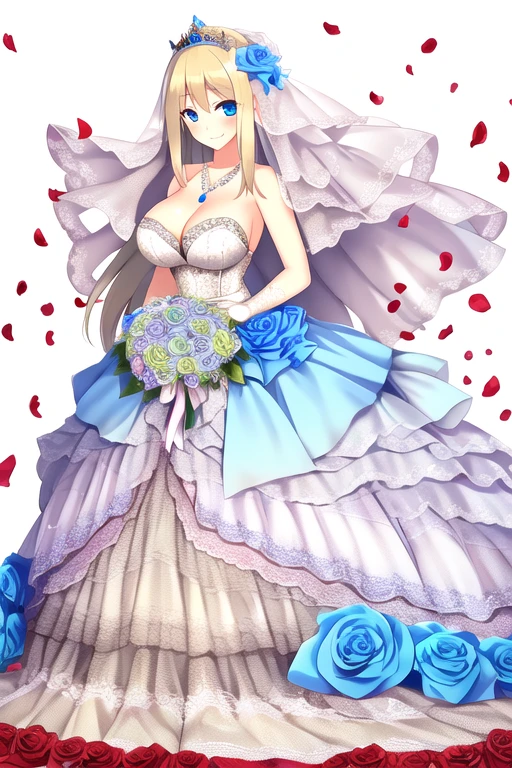 ((masterpiece)), (((best quality))), ((ultra-detailed)), ((illustration)), ((disheveled hair)), ((frills)), (1 girl), (solo)，1girl，alternative costume, blonde hair, blue eyes, blue flower, blue rose, blush, bouquet, breasts, bridal veil, bug, butterfly, choker, cleavage, clothing, crown, dress, female, flower, frilled dress, frills, full body, gloves, headdress, headwear, insect, jewelry, large breasts, long hair, necklace, petals, rose, smile, tiara, veil, wedding dress, white dress, white gloves,