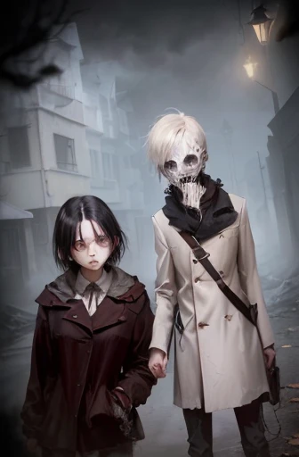 a drawing of two people standing next to each other in front of a building, inspired by Wojciech Weiss, grim and gloomy lighting, eerie and grim art style, haunted and sad expression, fanart, creepy!!, sad!, medium shot of two characters, by Shingei, inspired by Vasily Perov, random background scene, creepy themed, Fanart ", creepy