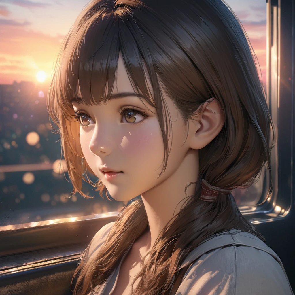 1girl on a train looking out the window, detailed anime portrait, lofi portrait at a window, beautiful anime girl, lofi portrait, lofi girl, anime girl portrait, gwyneth poe style artwork, high quality portrait, sunset, charming anime girl, cute anime girl, realistic cute girl illustration, anime style, (best quality,4k,8k,highres,masterpiece:1.2),ultra-detailed,(realistic,photorealistic,photo-realistic:1.37),HDR,UHD,studio lighting,ultra-fine painting,sharp focus,physically-based rendering,extreme detail description,professional,vivid colors,bokeh