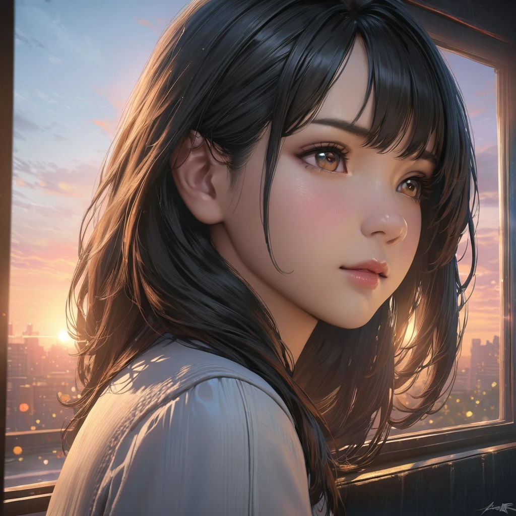 1girl on a train looking out the window, detailed anime portrait, lofi portrait at a window, beautiful anime girl, lofi portrait, lofi girl, anime girl portrait, gwyneth poe style artwork, high quality portrait, sunset, charming anime girl, cute anime girl, realistic cute girl illustration, anime style, (best quality,4k,8k,highres,masterpiece:1.2),ultra-detailed,(realistic,photorealistic,photo-realistic:1.37),HDR,UHD,studio lighting,ultra-fine painting,sharp focus,physically-based rendering,extreme detail description,professional,vivid colors,bokeh