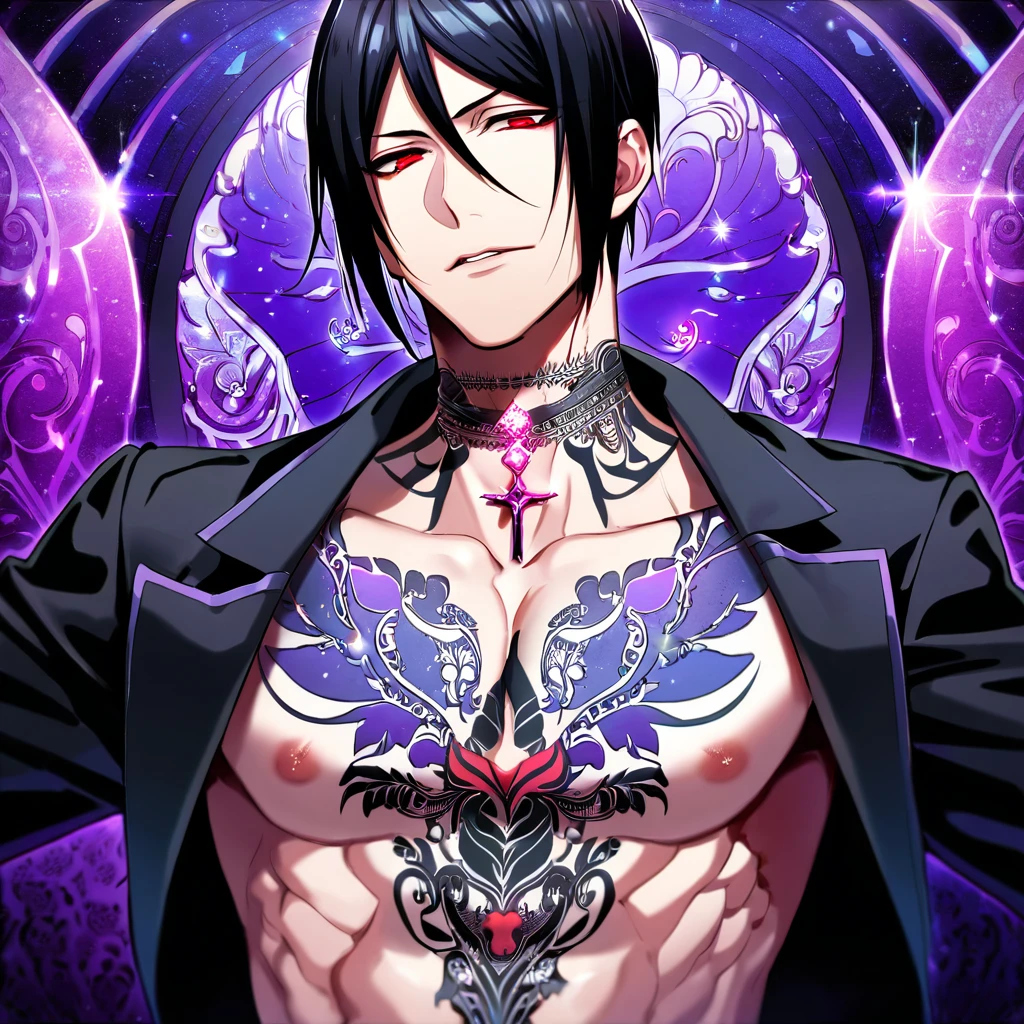 Ultra detailed, Highres, absurdres, HDR, Sebastian Michaelis, black hair, expressive red eyes, black coat with patterns, Kuroshitsuji, purple flowers, petals, handsome, sexy man, solo, very detailed eyes and face, glittering purple butterflies, master piece, toned chest, glittering, fantasy, cross, tattoo on his neck, purple background, Black Butler,