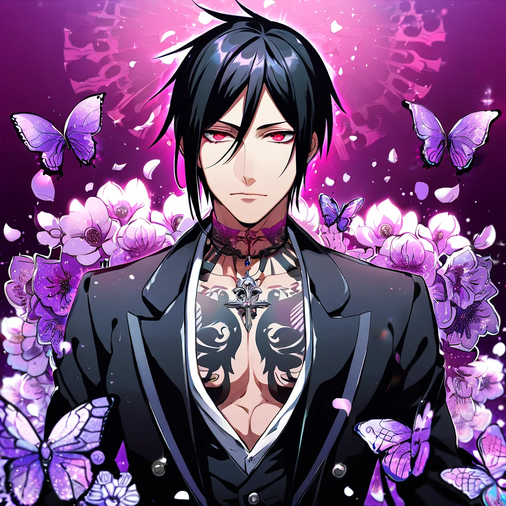 Ultra detailed, Highres, absurdres, HDR, Sebastian Michaelis, black hair, expressive red eyes, black coat with patterns, Kuroshitsuji, purple flowers, petals, handsome, sexy man, solo, very detailed eyes and face, glittering purple butterflies, master piece, toned chest, glittering, fantasy, cross, tattoo on his neck, purple background, Black Butler,