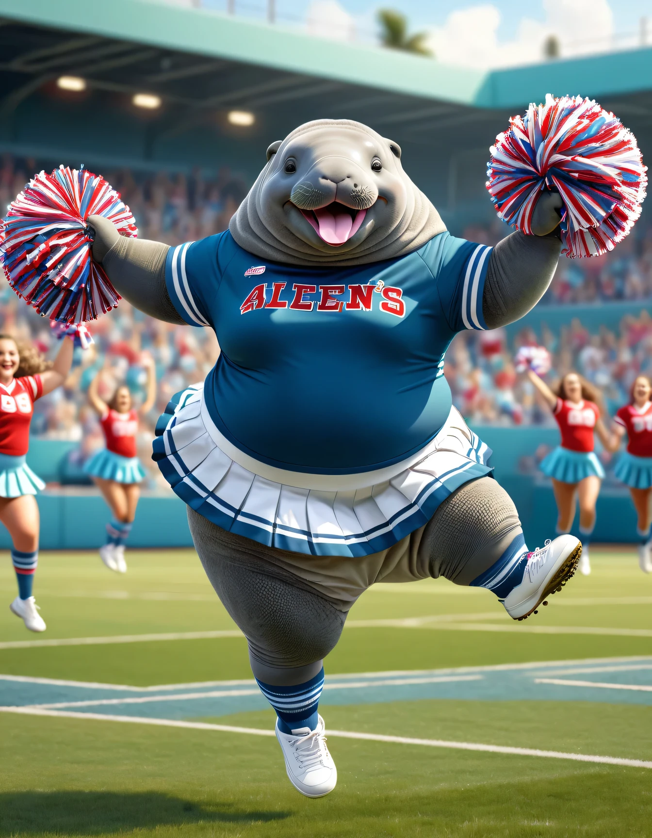 photorealistic portrait of Dressed animals - a ((fat)) manatee cheerleader ,(action pose:1.5),(jumping:1.2),(happy smile),(furry), high quality,(lovely) ,intricate detailed decorations, highly detailed (cheerleader wear), skirt knee-high socks and sneakers, holding pom-poms, grass sports field background , (happy), perfect lighting,(full body image:2.0)