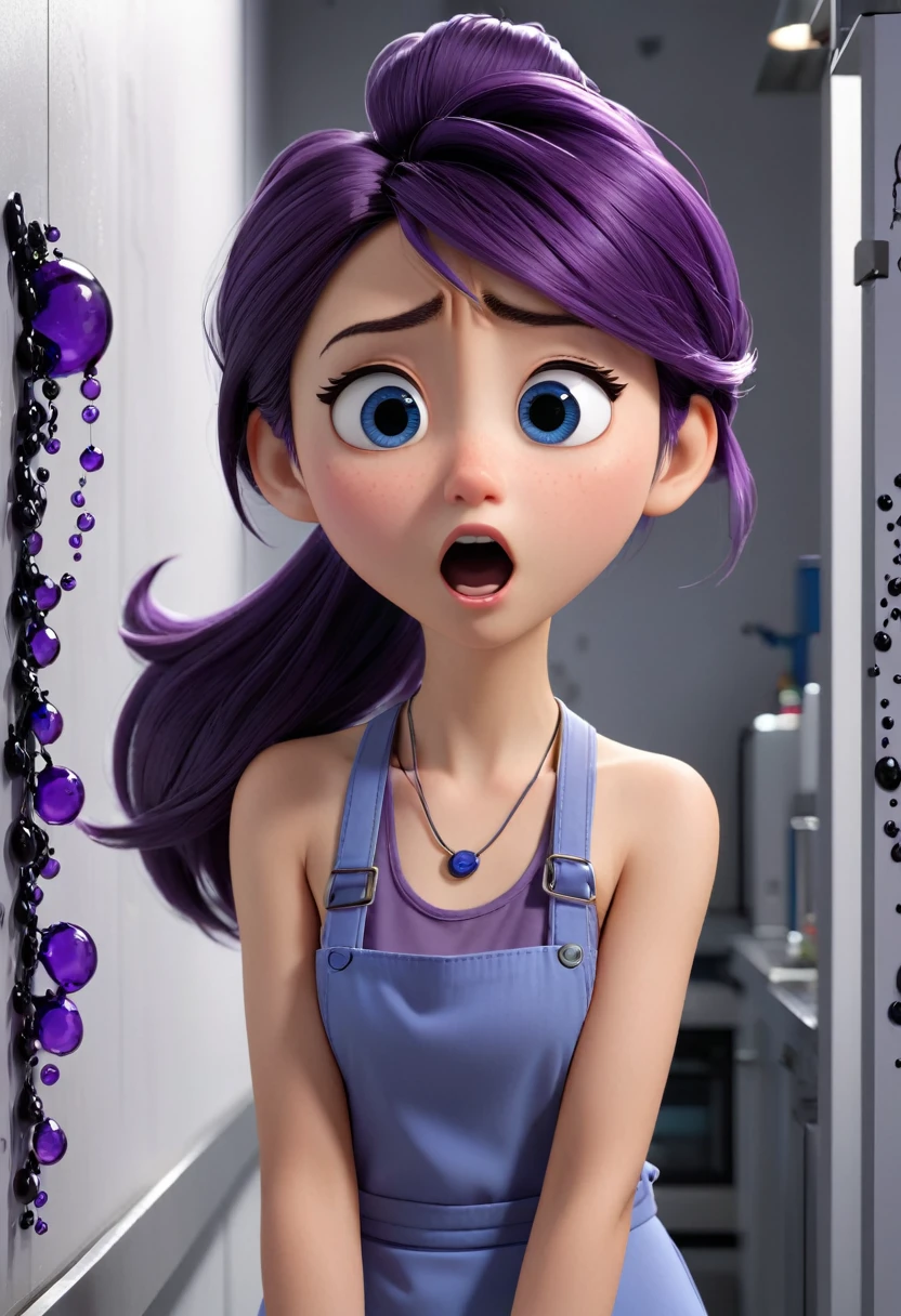 Une Japonaise de 14 ans, cheveux bleu, dark purple necklace, light gray tank top, terrified, stuck to the wall with super strong black glue in a faulty laboratory, style 3d pixar, (Best quality, 4k, 8k, high resolution, chef-d'artwork:1.2), ultra-detailed, (Realistic, photoRealistic, photo-Realistic:1.37), portraits, Des couleurs vives, studio lighting