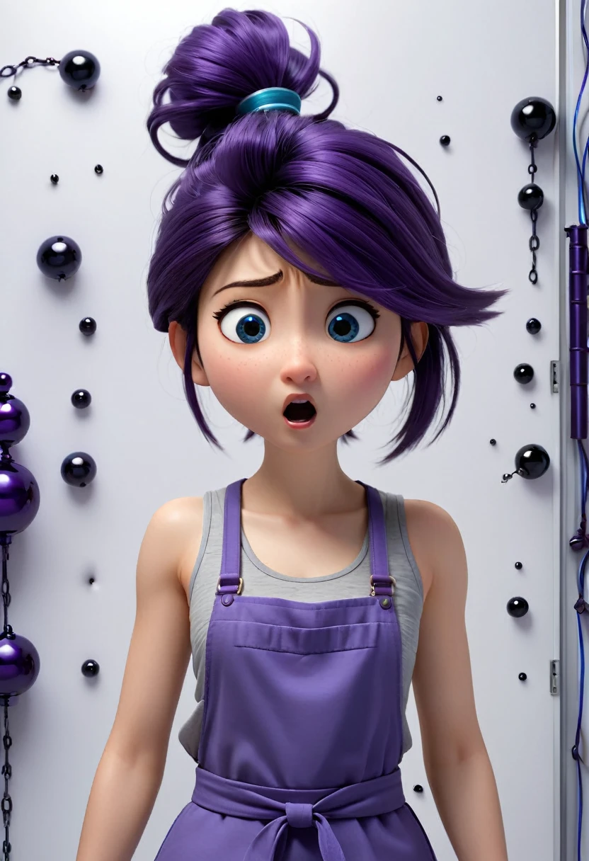 Une Japonaise de 14 ans, cheveux bleu, dark purple necklace, light gray tank top, terrified, stuck to the wall with super strong black glue in a faulty laboratory, style 3d pixar, (Best quality, 4k, 8k, high resolution, chef-d&#39;artwork:1.2), ultra-detailed, (Realistic, photoRealistic, photo-Realistic:1.37), portraits, Des couleurs vives, studio lighting