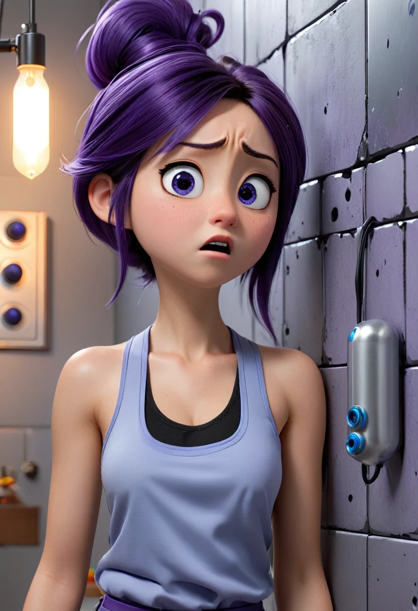Une Japonaise de 14 ans, cheveux bleu, dark purple necklace, light gray tank top, terrified, stuck to the wall with super strong black glue in a faulty laboratory, style 3d pixar, (Best quality, 4k, 8k, high resolution, chef-d'artwork:1.2), ultra-detailed, (Realistic, photoRealistic, photo-Realistic:1.37), portraits, Des couleurs vives, studio lighting