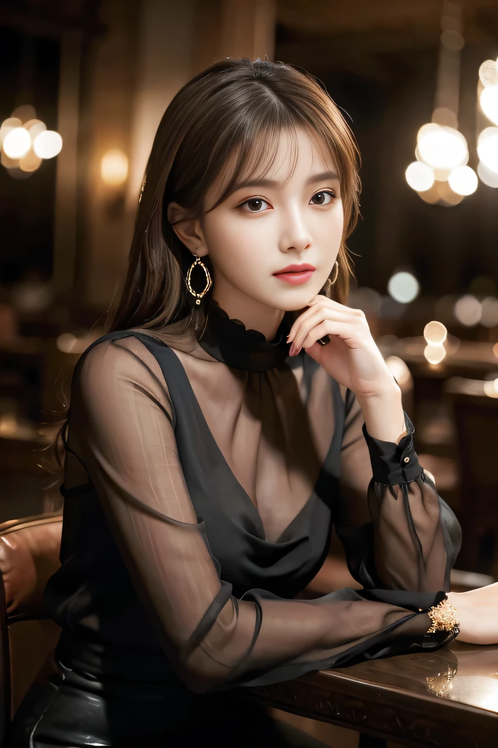 masterpiece, highest quality, Realistic, Very detailed, Finer details, High resolution, 8k wallpaper, One beautiful woman,Wear an elegant black see-through blouse, In a great restaurant, At night, Light brown messy hair, Perfect dynamic composition, Beautiful and beautiful eyes、Big earrings、Sitting in a chair、