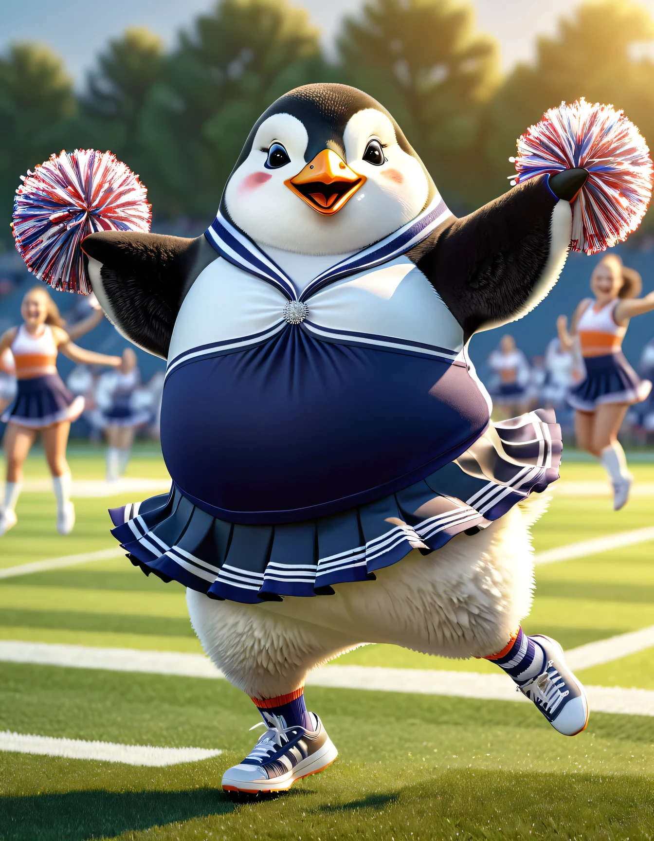 photorealistic portrait of Dressed animals - a ((fat)) penguin cheerleader ,(action pose:1.5),(jumping:1.2),(happy smile),(furry), high quality,(lovely) ,intricate detailed decorations, highly detailed (cheerleader wear), skirt knee-high socks and sneakers, holding pom-poms, grass sports field background , (happy), perfect lighting,(full body image:2.0)