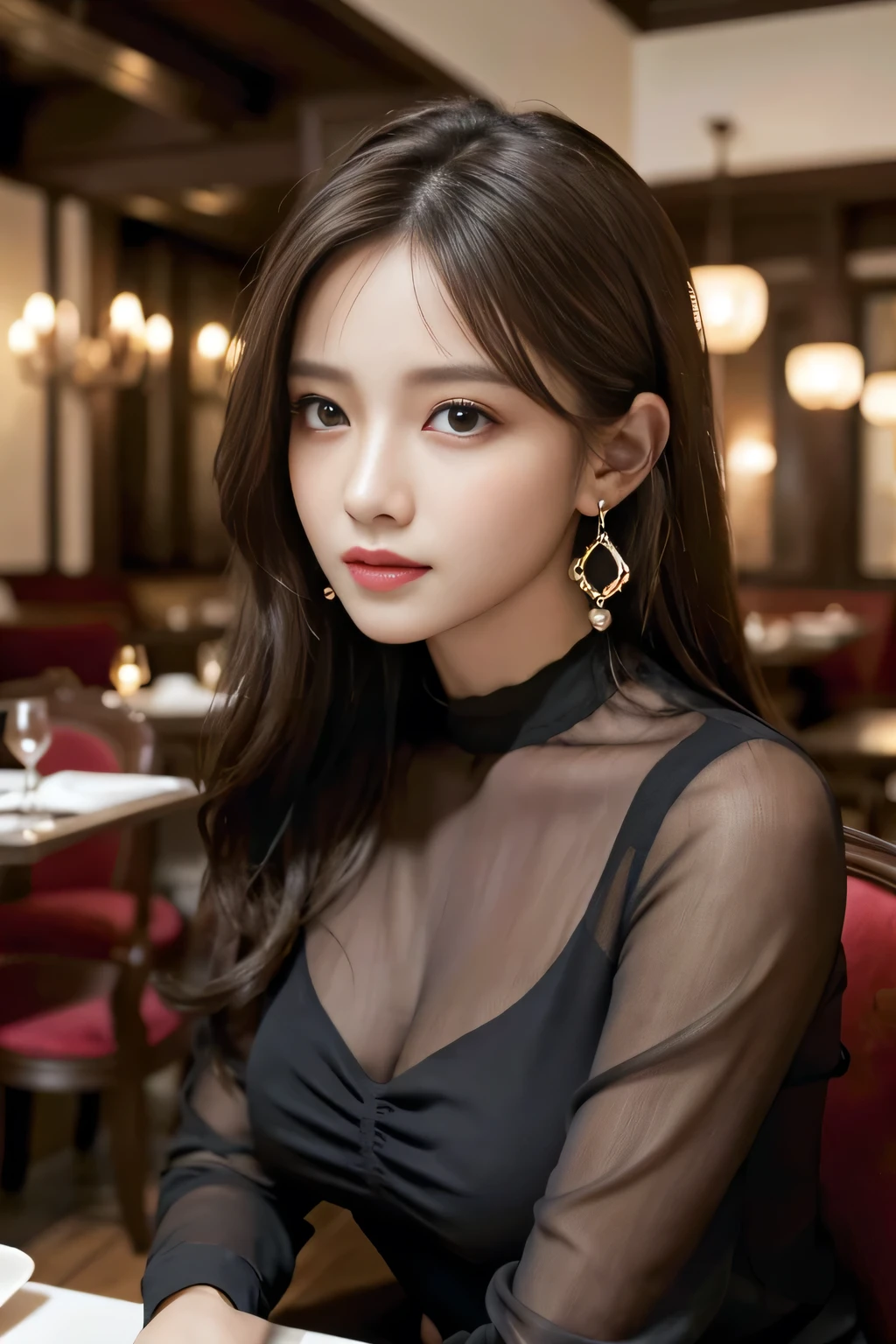 masterpiece, highest quality, Realistic, Very detailed, Finer details, High resolution, 8k wallpaper, One beautiful woman,Wear an elegant black see-through blouse, In a great restaurant, At night, Light brown messy hair, Perfect dynamic composition, Beautiful and beautiful eyes、Big earrings、Sitting in a chair、