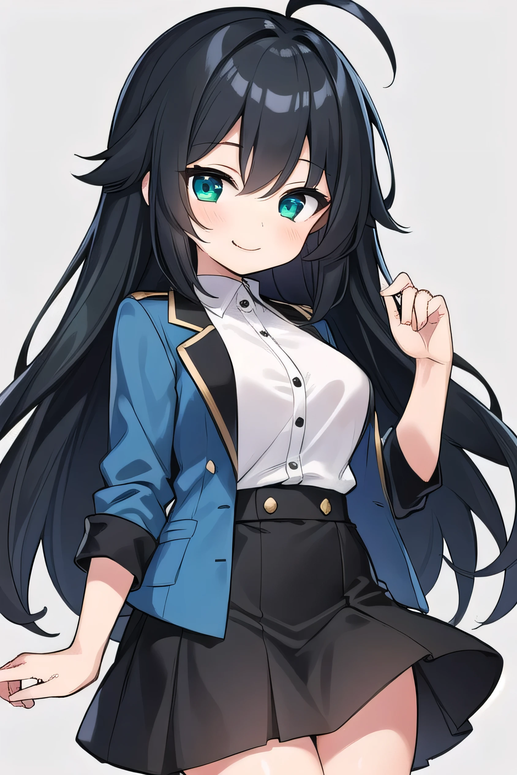 Junior high school student who looks like an elementary school student, 14 years old, very short, 140 cm tall, black hair with a slight green tinge, short ahoge, beautiful long hair but with a little hair sticking out, beautiful round eyes, blue eyes, smile, boyish, long sleeves, Thick clothes, skirt, big breasts, hair longer than waist, long hair, childish face, gentle smile, a little shy, black skirt, black hair with a slight green tinge, boyish, gentle smile, jacket one size larger, ( Deep greenish black hair: 1.3)