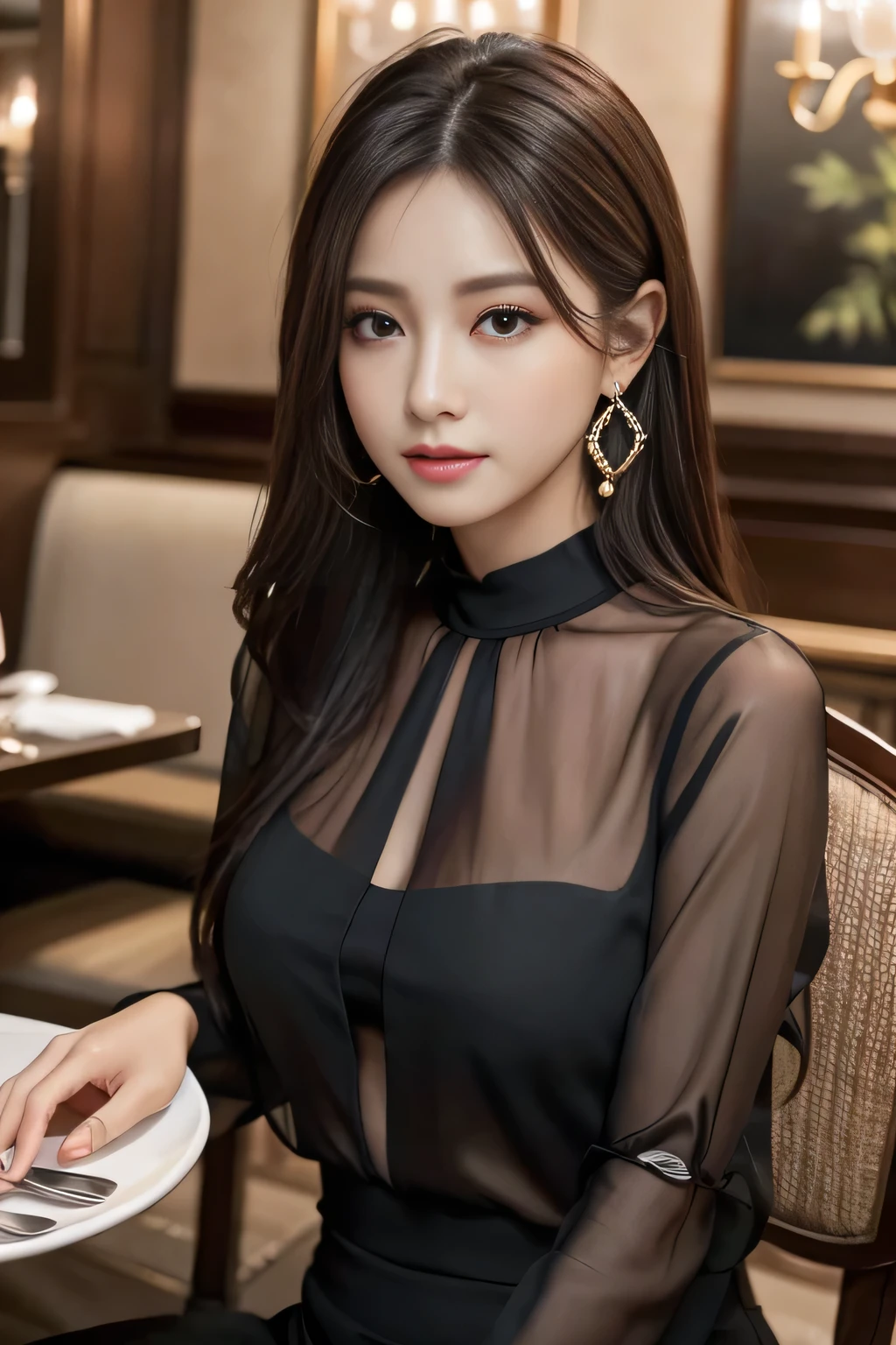 masterpiece, highest quality, Realistic, Very detailed, Finer details, High resolution, 8k wallpaper, One beautiful woman,Wear an elegant black see-through blouse, In a great restaurant, At night, Light brown messy hair, Perfect dynamic composition, Beautiful and beautiful eyes、Big earrings、Sitting in a chair、